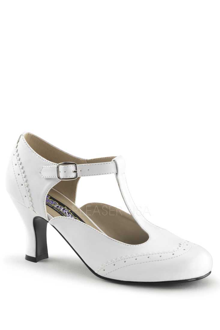 White T Strap Winged Toe High Heels Faux Leather