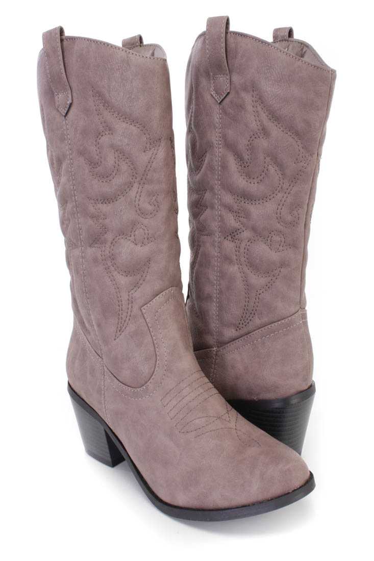 Grey Stitched Cowboy Style Boots Faux Leather