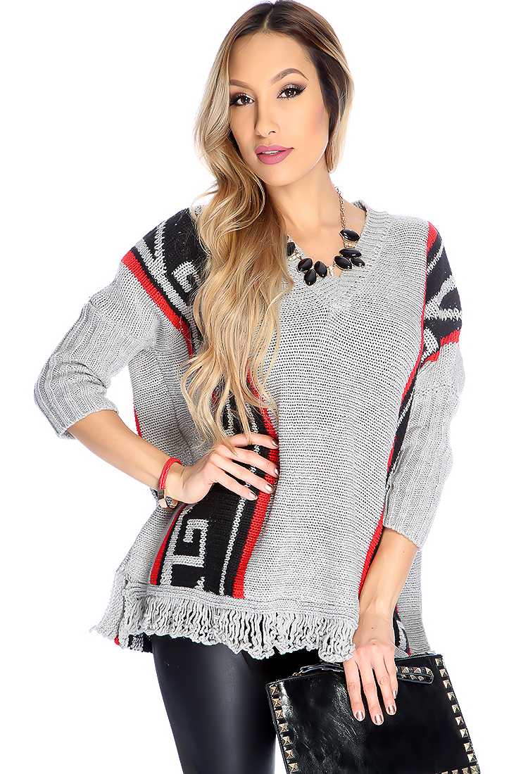 Grey Quarter Sleeve Tribal Knit V Neck Fringe Hem Sweater