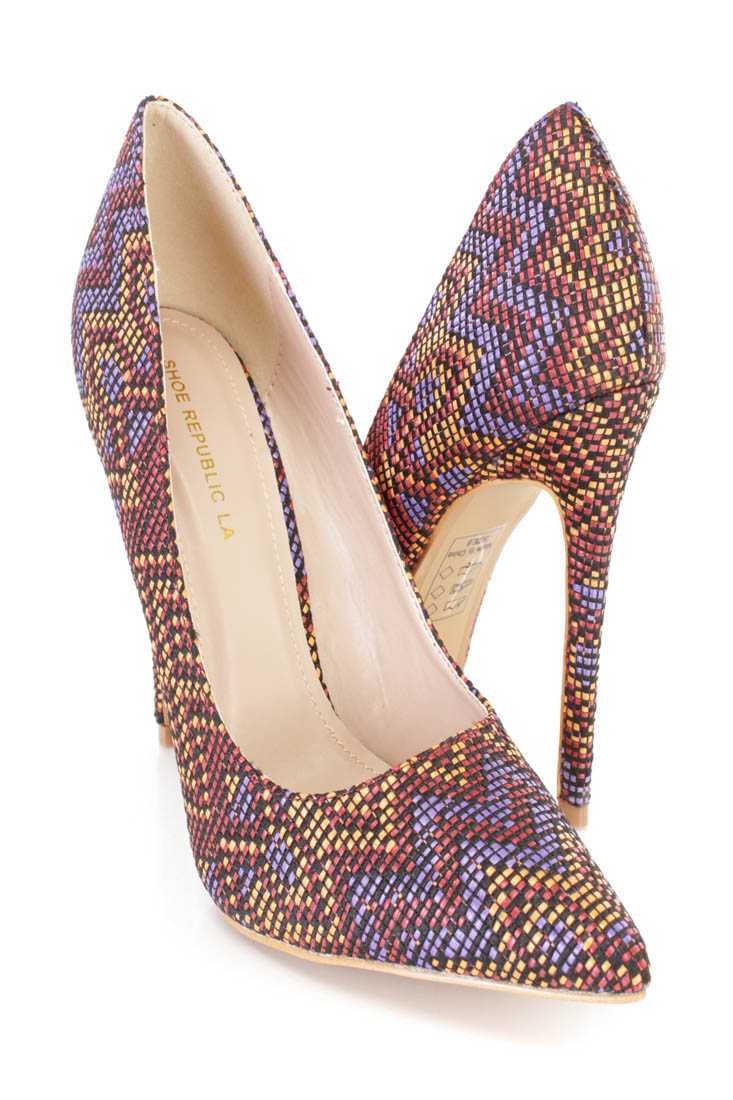 Wine Chevron Woven Single Sole Pump Heels Straw