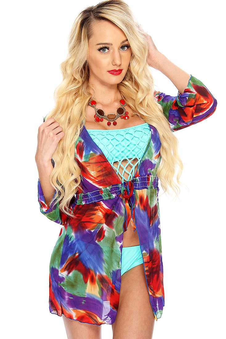 Red Blue Printed Quarter Sleeves Robe Swimsuit Coverup