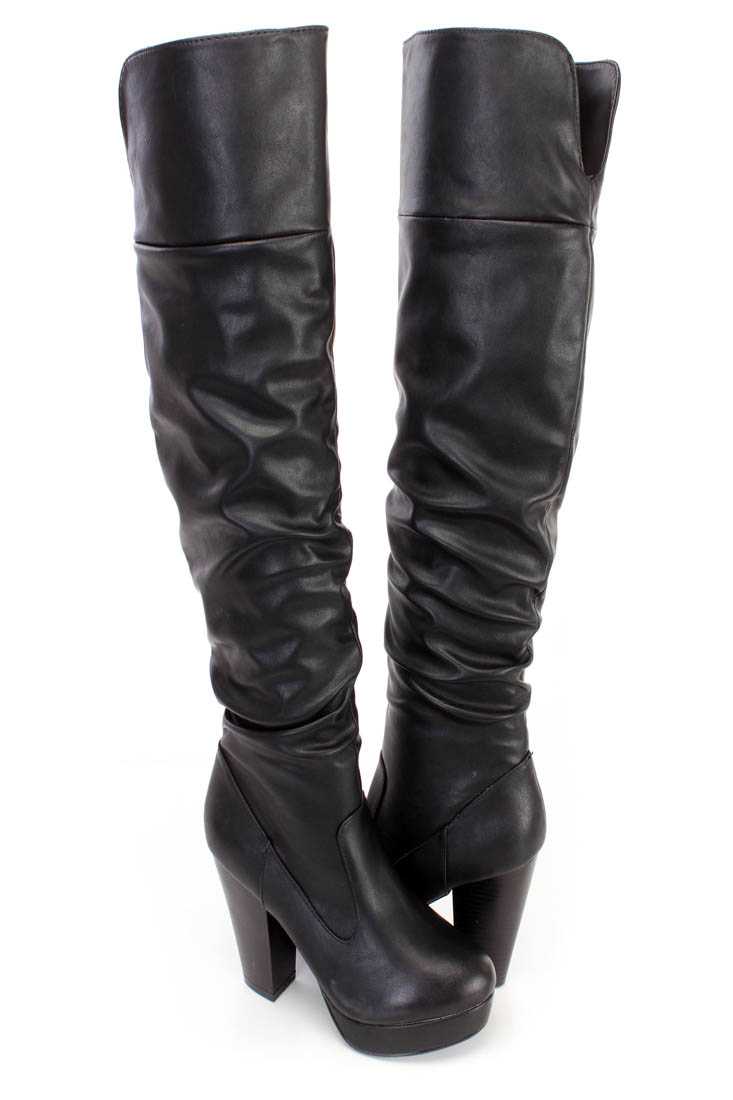 Black Slouchy Chunky High Heel Boots Faux Leather
