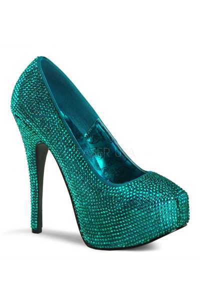 Teal Satin Rhinestone Platform Pump High Heels