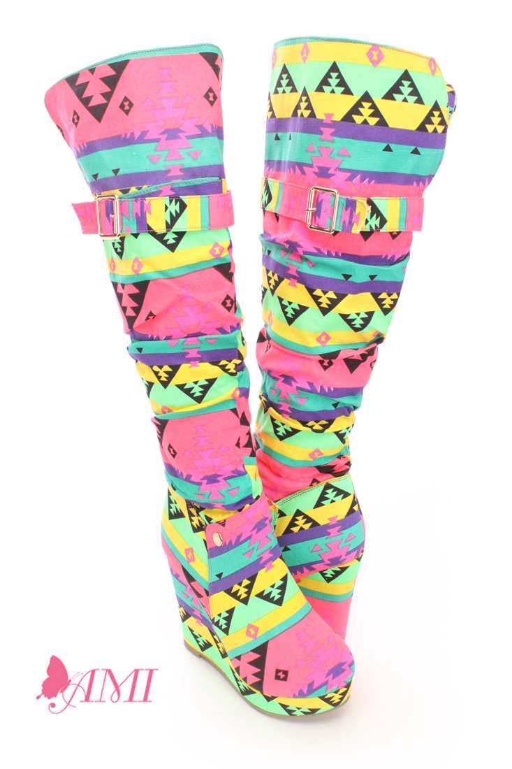Tribal Fuchsia Slouchy Wedge Boots Canvas