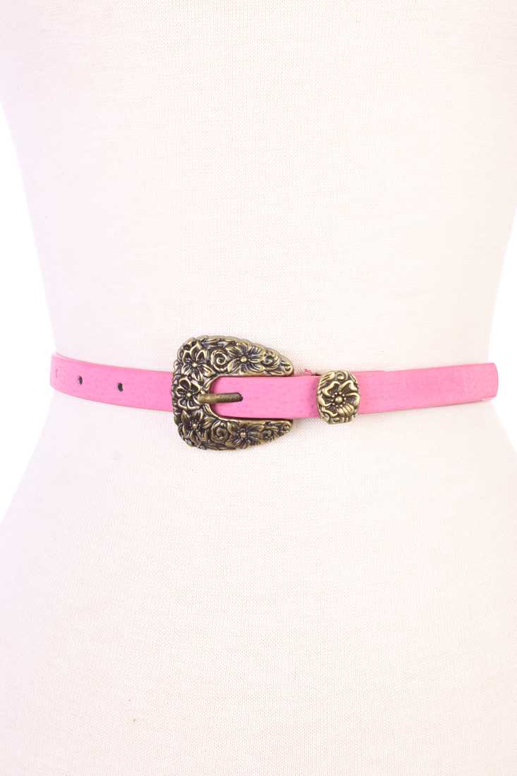 Pink Floral Detailed Buckle Faux Leather Belt