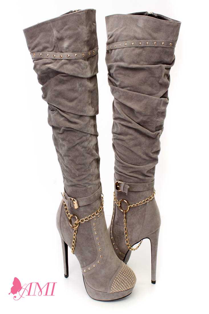 Grey Slouchy Studded Knee High Heel Boots Faux Suede