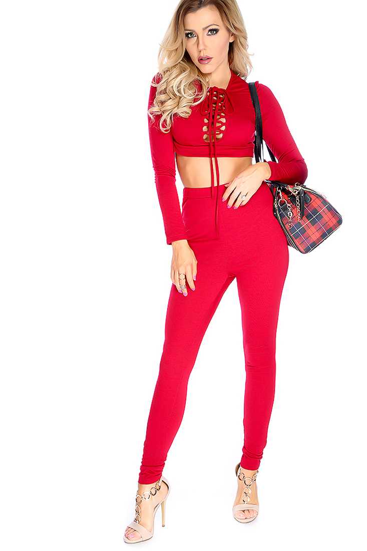 Sexy Burgundy Lace Up 2 Piece Outfit