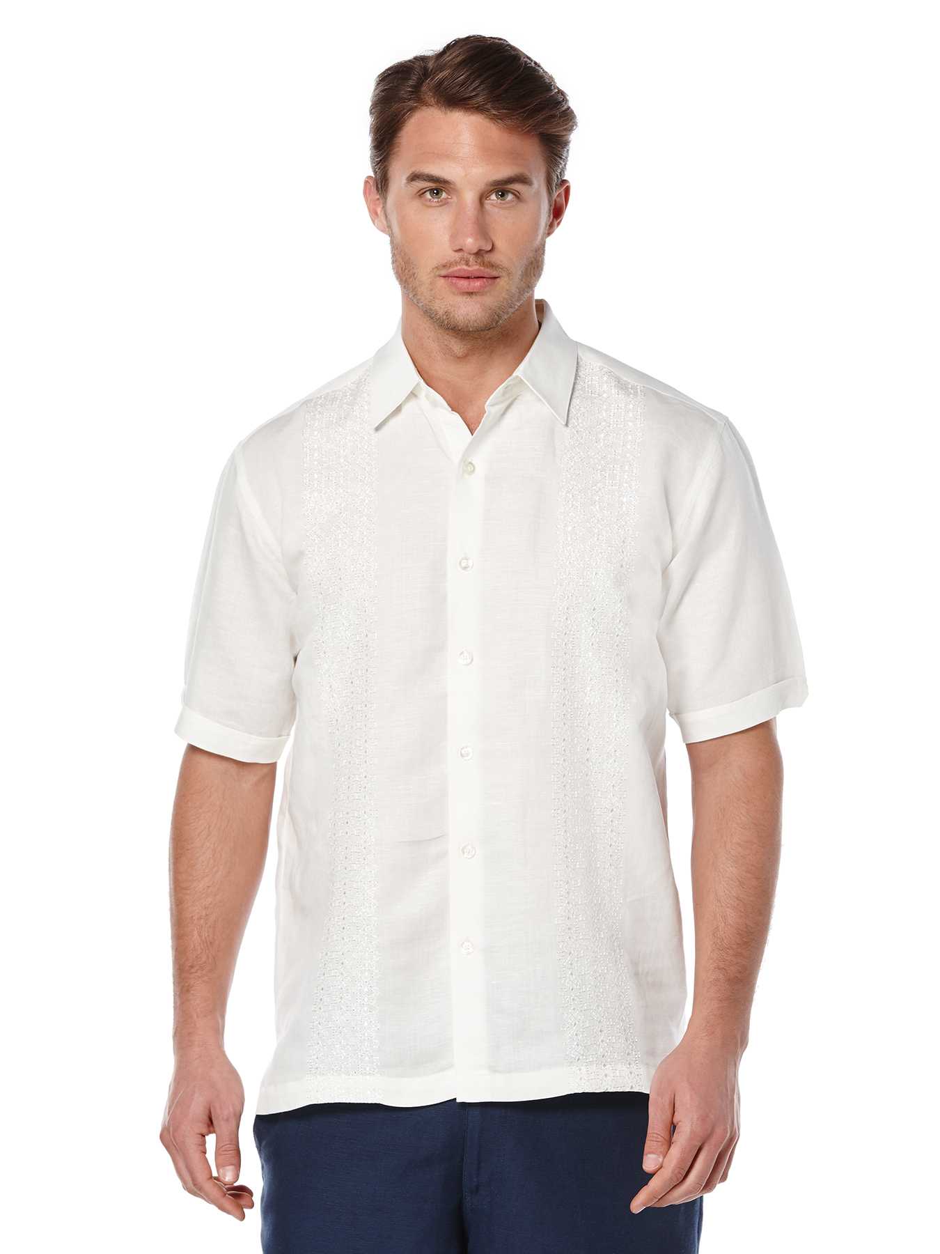 Cubavera Short Sleeve Linen Embroidered Panel
