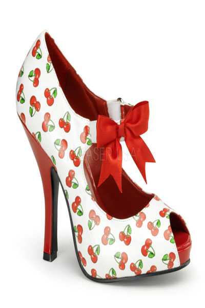 White Red Patent Faux Leather Cherry Print Maryjane High Heels