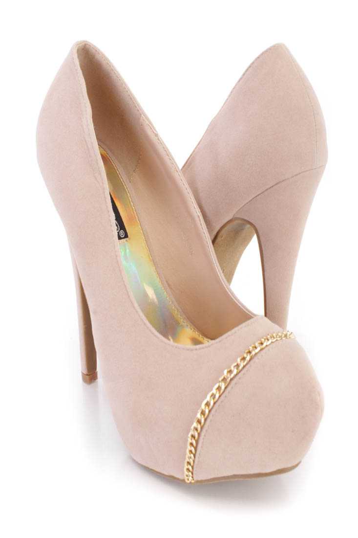 Nude Chain Detail Platform Pump High Heels Faux Suede