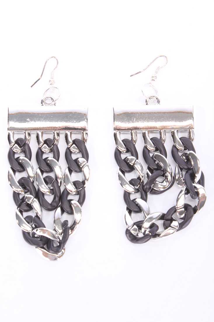 Silver Black Dangle Chain Link High Polish Metal Earrings