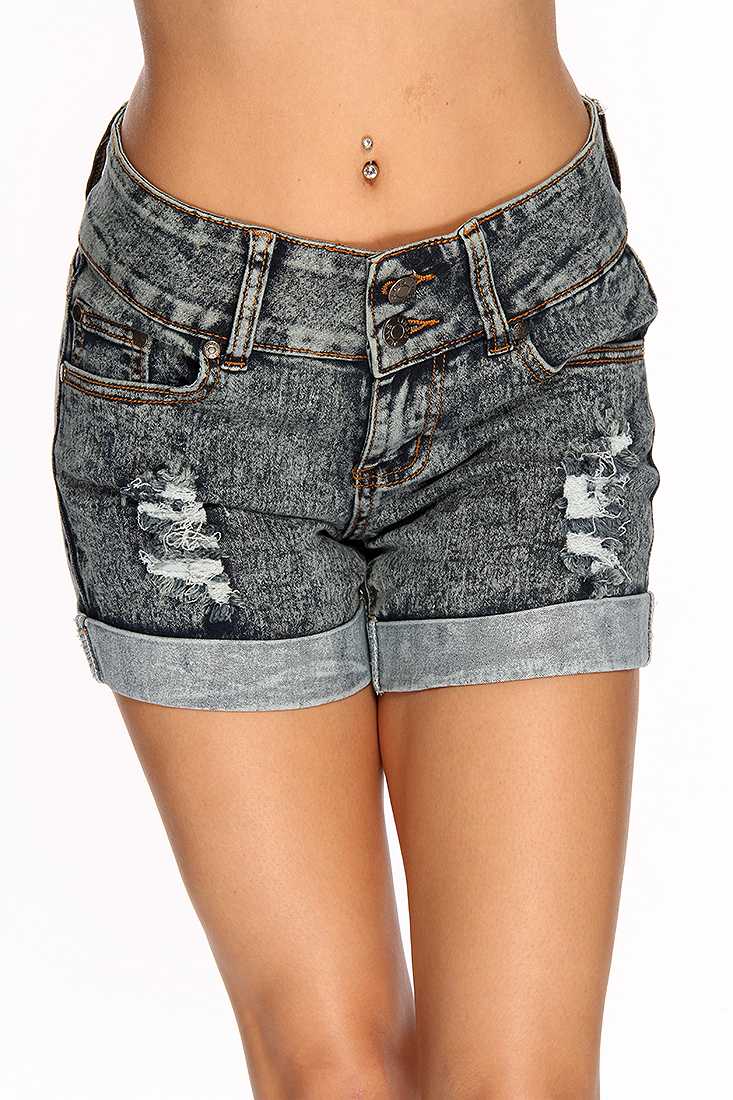Acid Wash Blue Denim Distressed Folded Bottom Zip Fly Closure Shorts