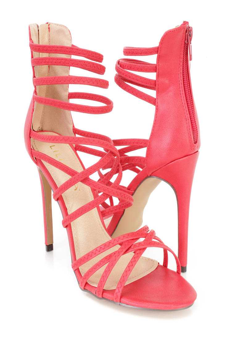 Red Strappy Single Sole Heels Faux Leather