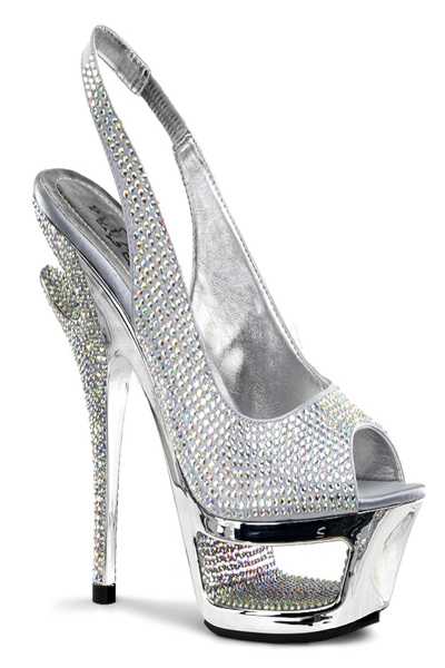Silver Satin Rhinestones Cut-Out Platform Sling-Back Sandal Heel