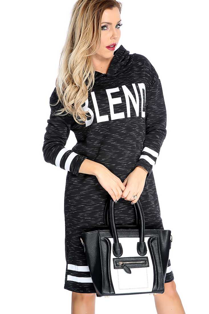 Black Long Sleeve Hooded Burnout Graphic Print Sweater Dress