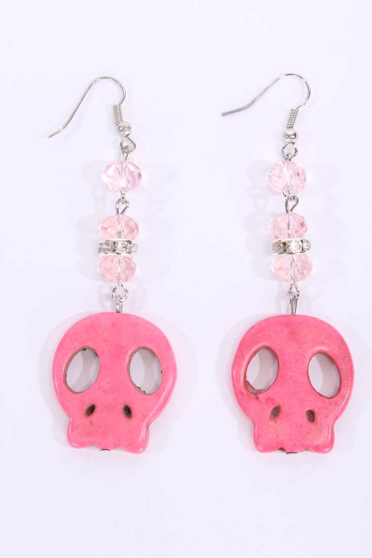 Pink Faceted Beaded Skull Pendant Earrings