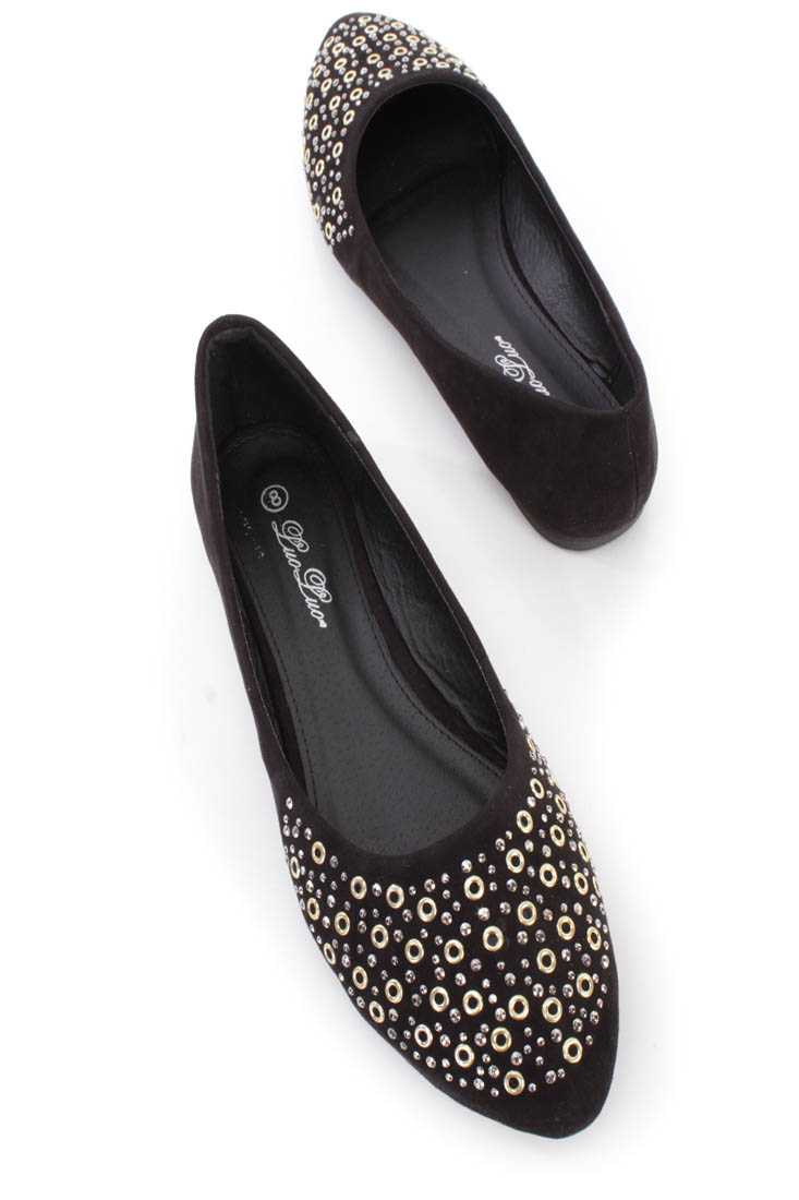 Black Studded Almond Toe Ballerina Flats Faux Suede