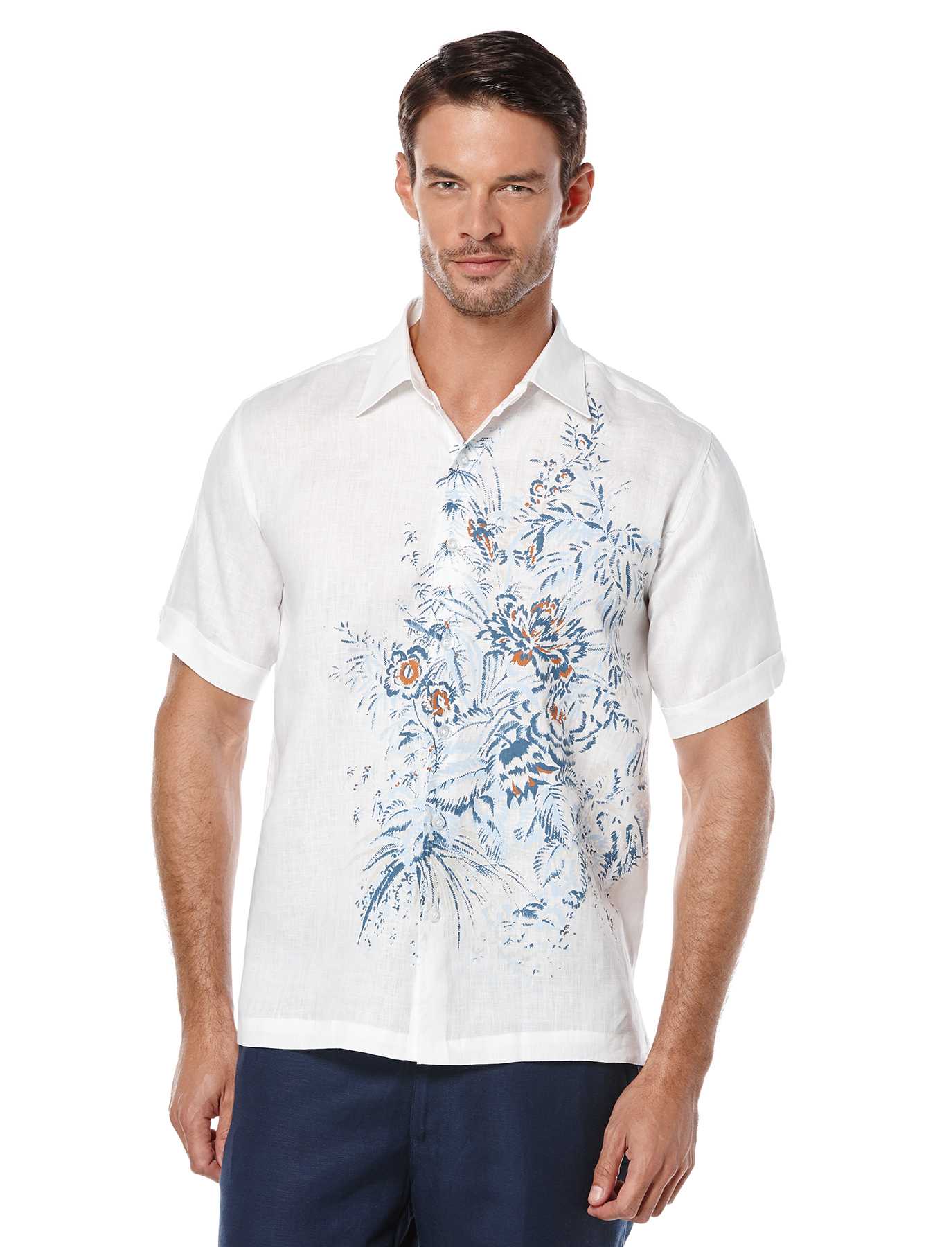 Cubavera Short Sleeve 100% Linen Off Placement Print