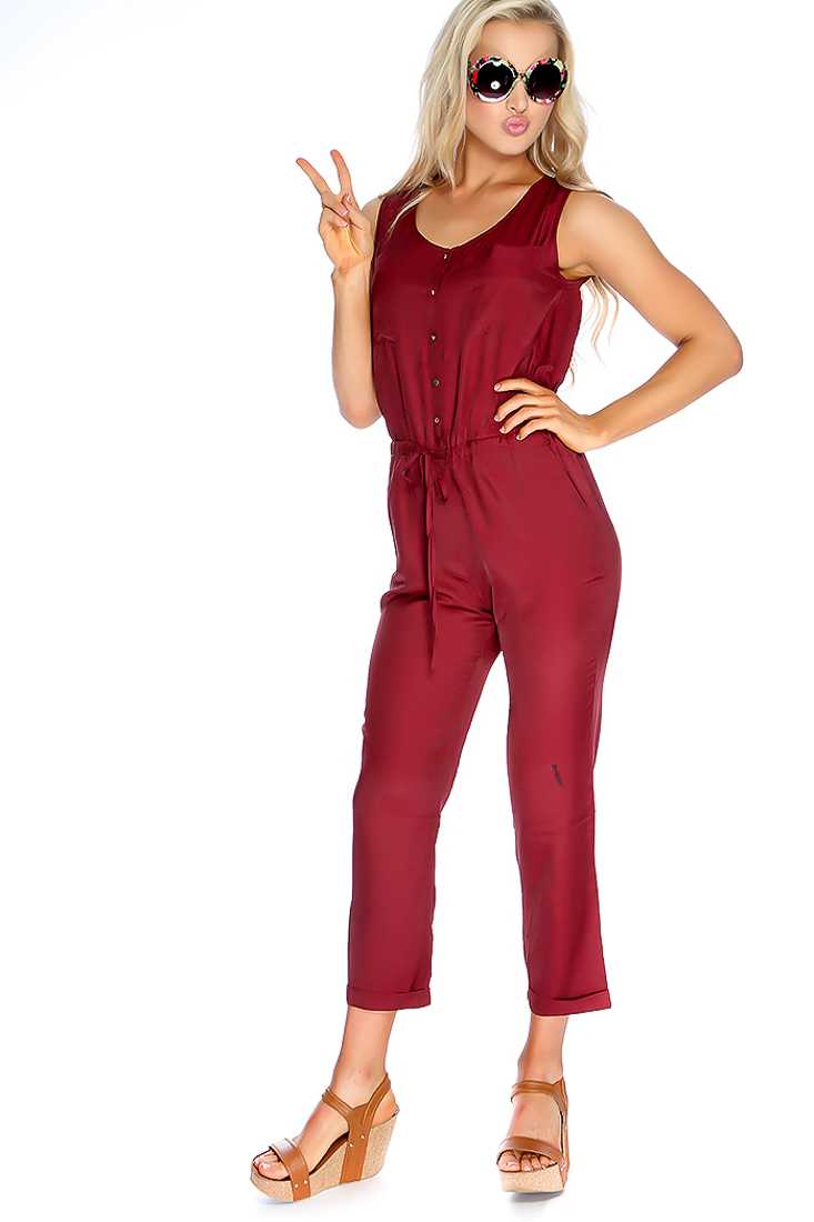 Sexy Wine Button Up Sleeveless Jumpsuit