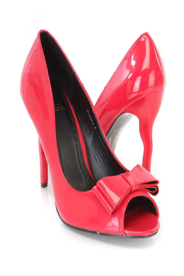 Red Peep Toe Bow Tie Single Sole Pump High Heels Patent