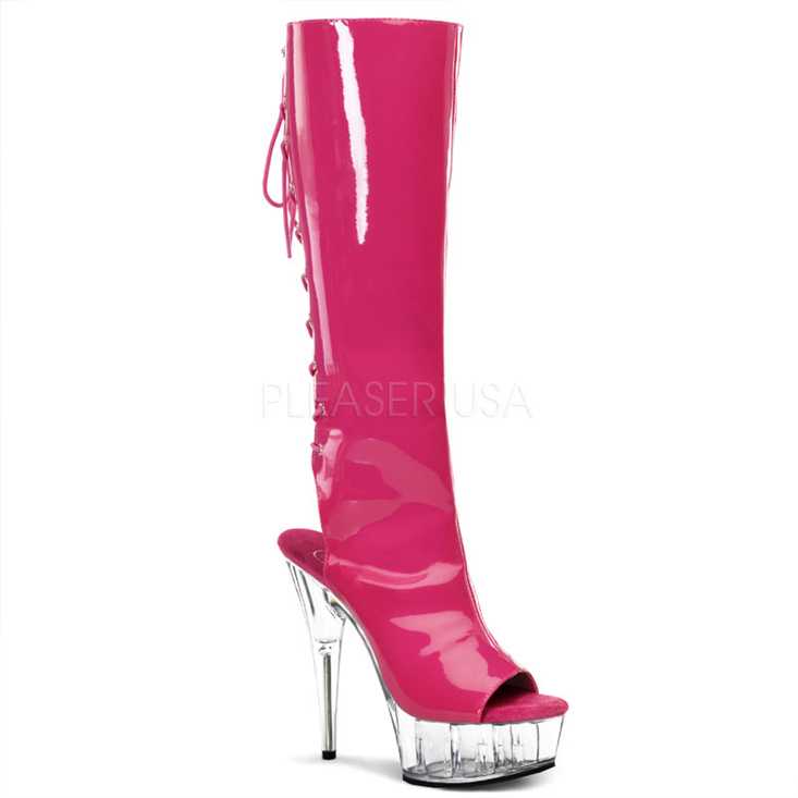 Hot Pink Clear Patent Lace Up Knee High Boots