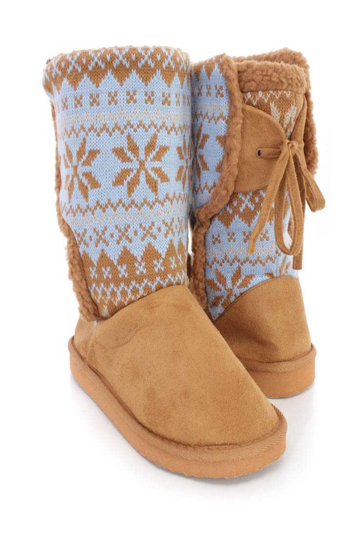 Camel Fair Isle Knitted Casual Boots Faux Suede