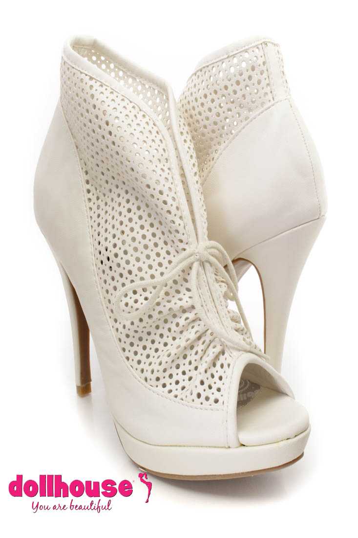 White Perforated Ankle Booties Faux Leather