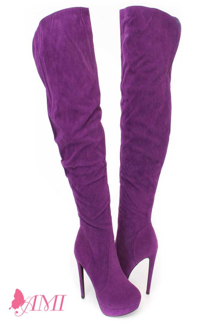 Purple Thigh High Platform High Heel Boots Faux Suede