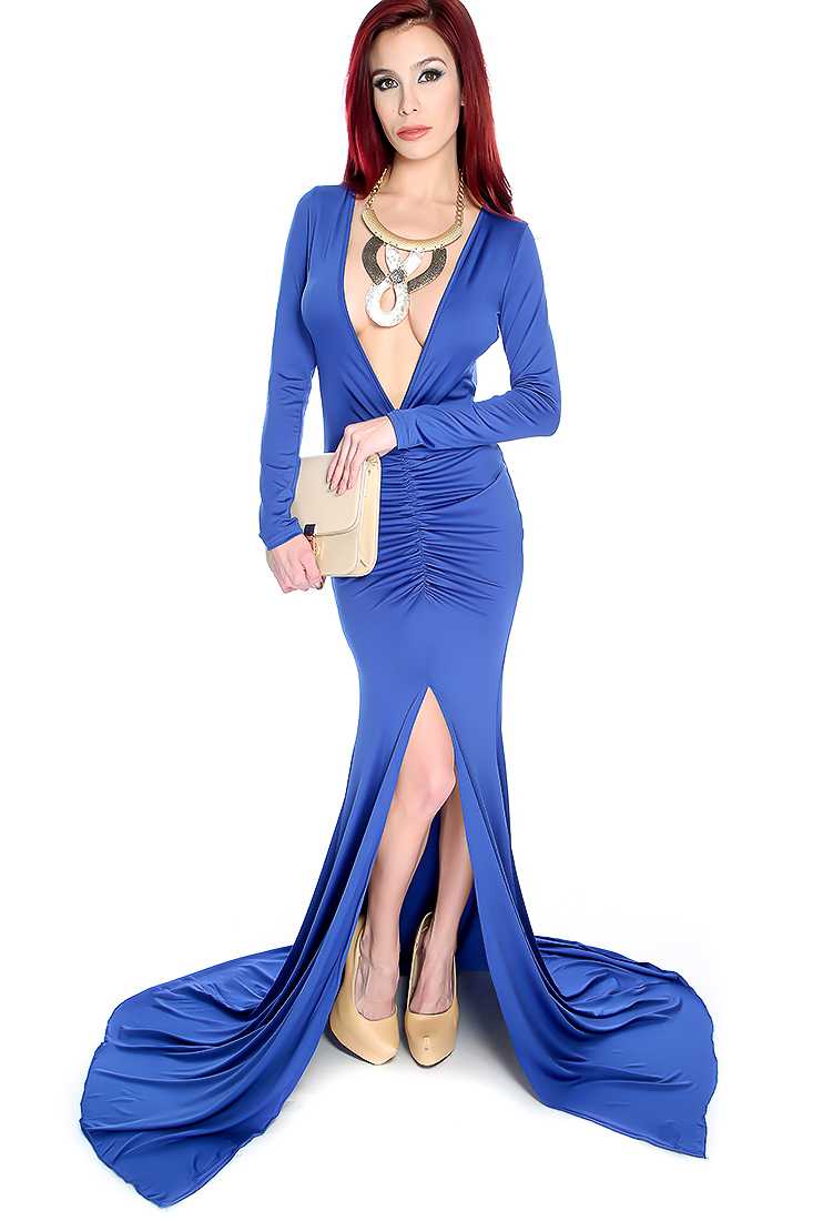 Sexy Royal Blue Long Sleeve Low V Neck Mermaid Dress