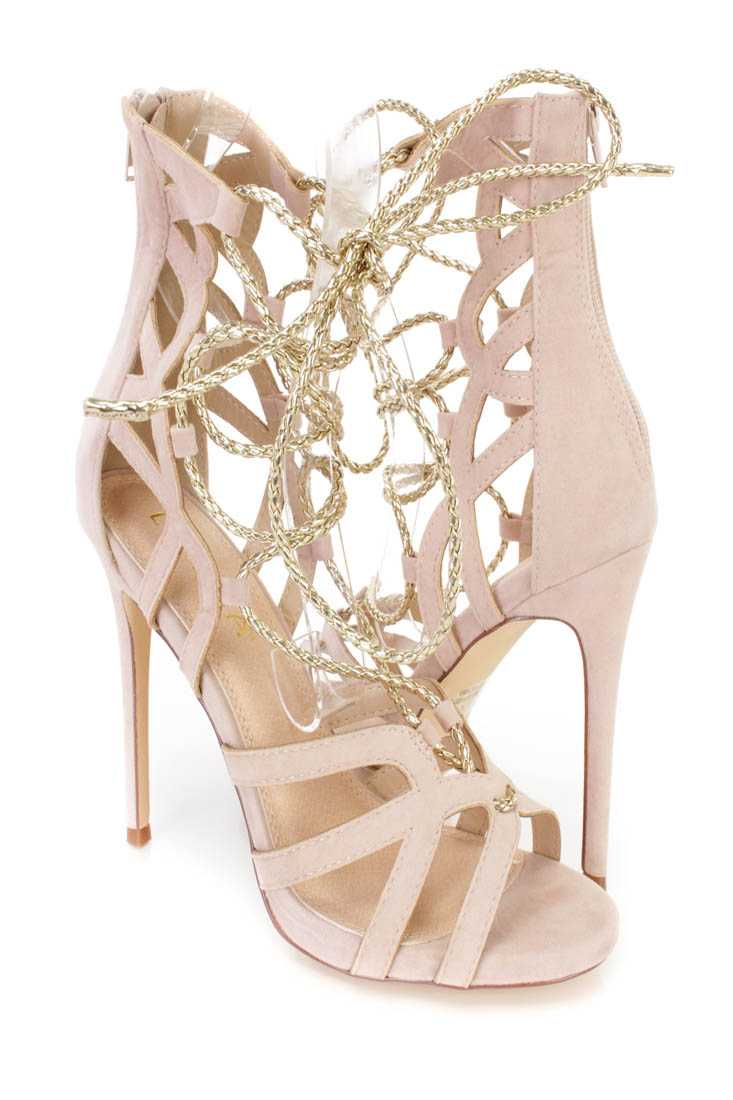 Nude Metallic Lace Up Single Sole High Heels Faux Suede