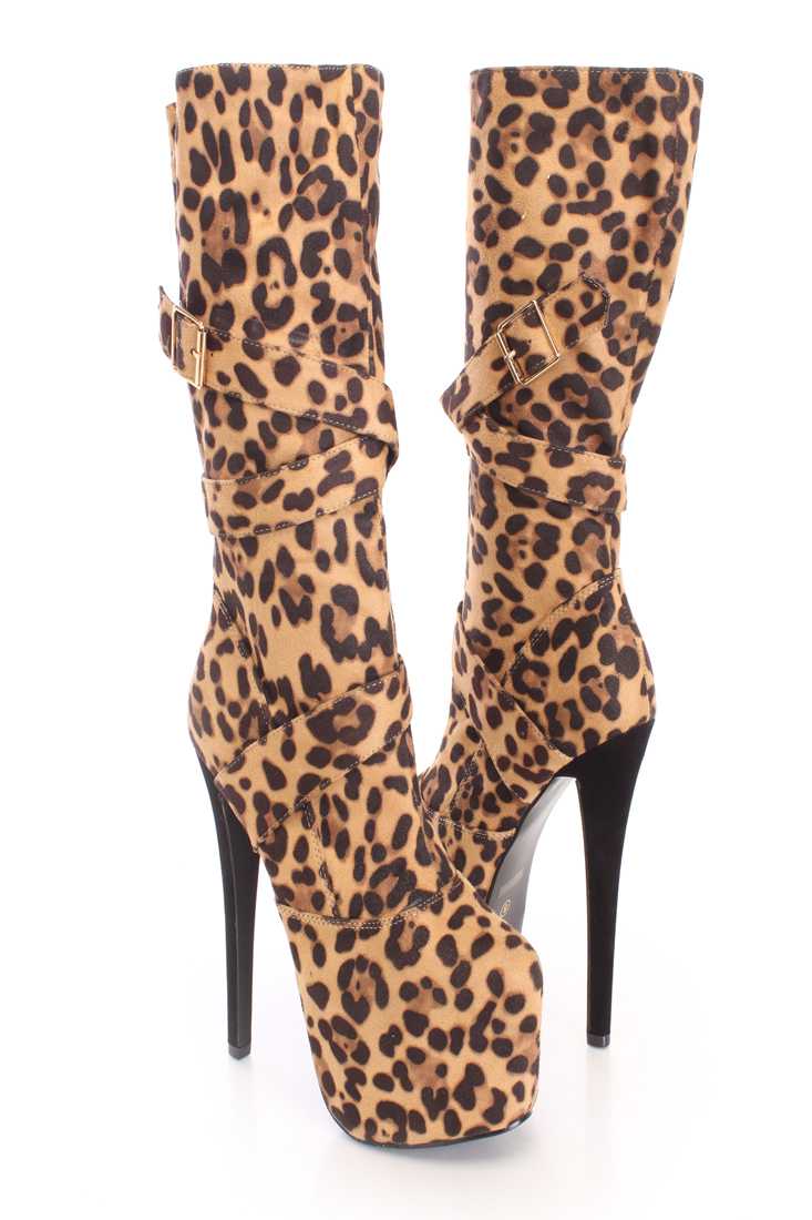 Leopard Platform Heel Boots Faux Suede