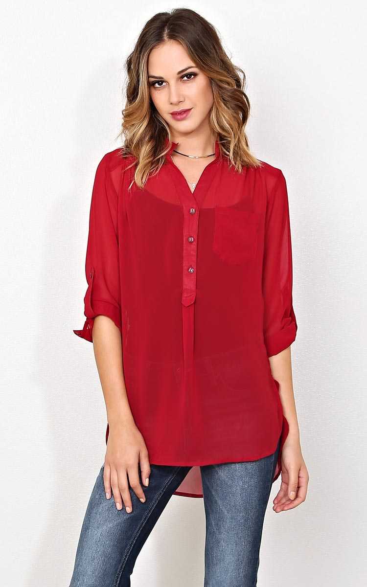 Alyssa Henley Woven Top - SML - Burgundy in Size Small by Styles For Less