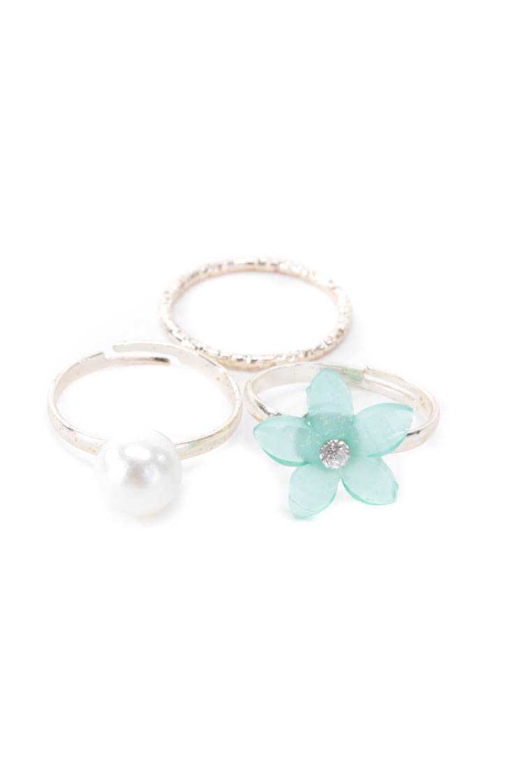 Mint High Polish Metal Flower Ring Set