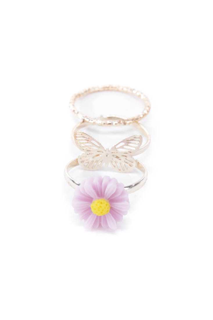 Lilac High Polish Metal Acrylic Flower Ring Set