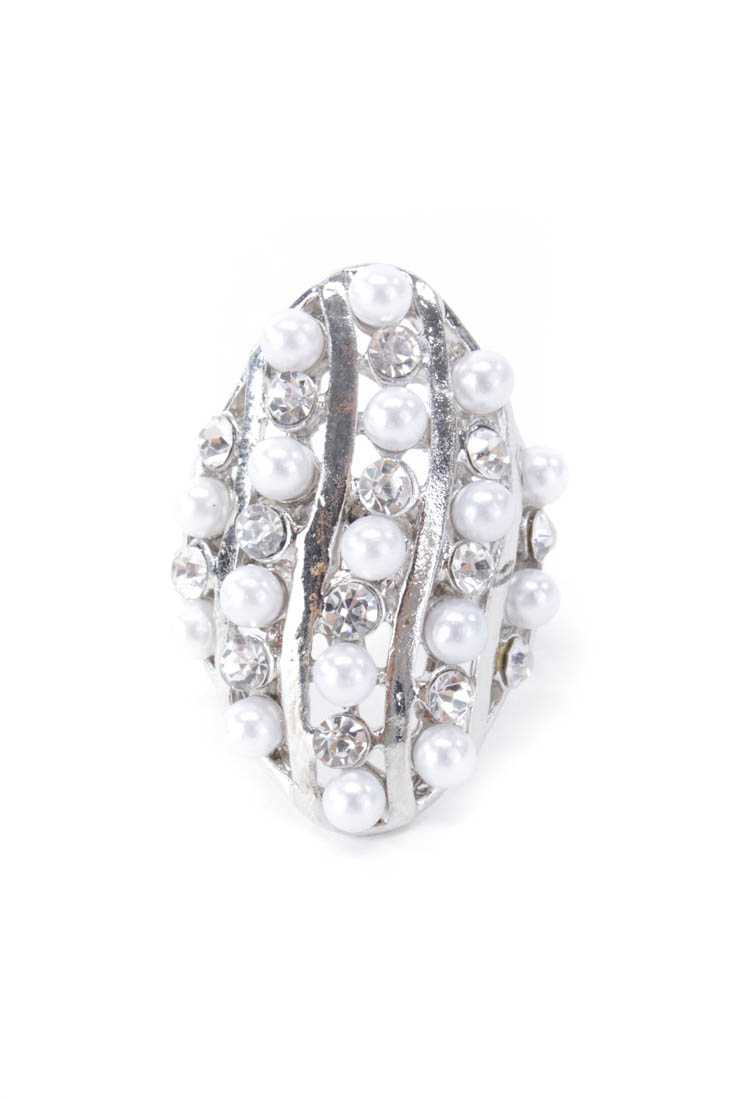 Silver Rhinestone Pearl Detail Ring