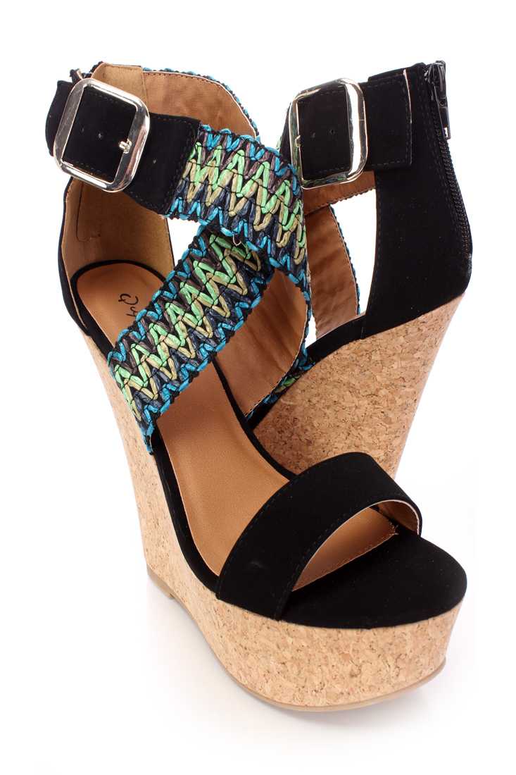 Black Cross Strap Straw Woven Cork Wedges Nubuck