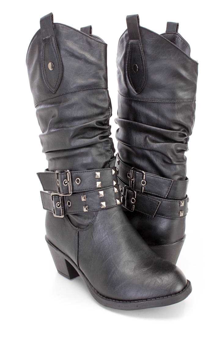 Black Studded Mid Calf Cowboy Boots Faux Leather