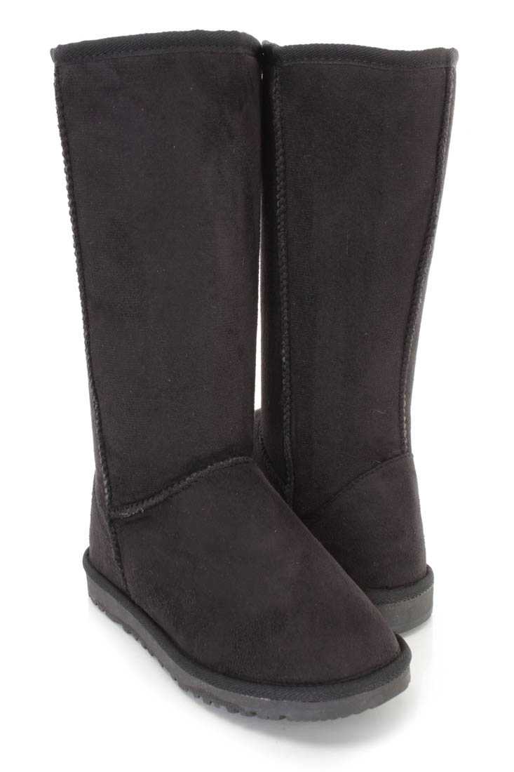 Black Slip On Casual Comfy Boots Faux Suede