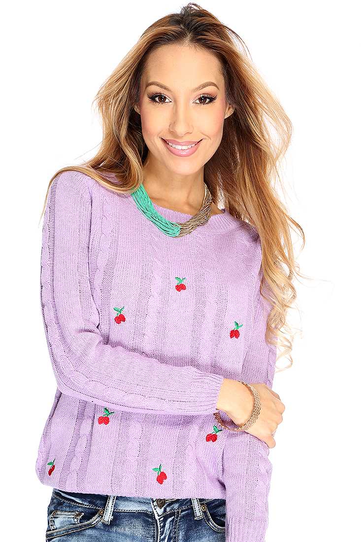 Lavender Long Sleeves Cherry Accent Casual Sweater