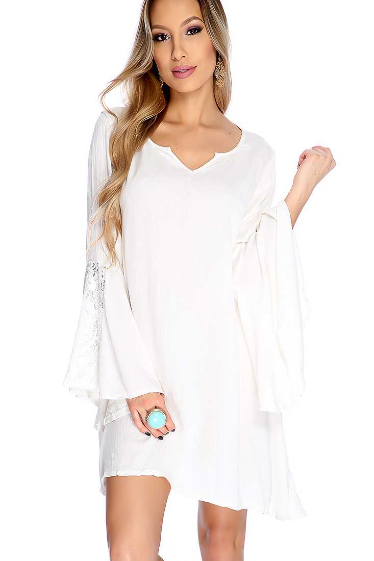 Stylish White Long Sleeve Pleaded Crotchet Detail Casual Dress