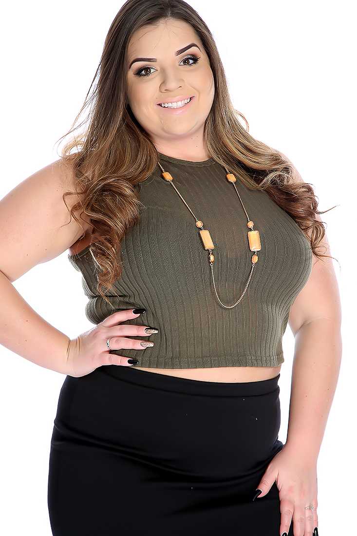 Army Green Ribbed Sleeveless Plus Size Crop Top