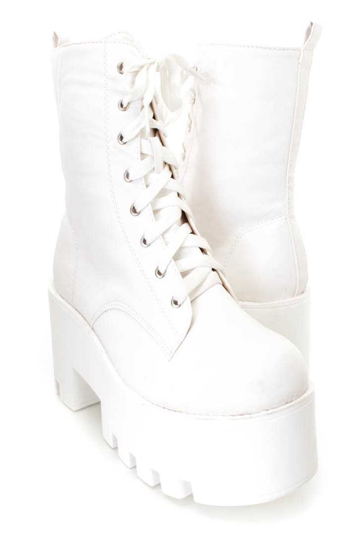 White Lace Up Chunky Heel Booties Faux Leather