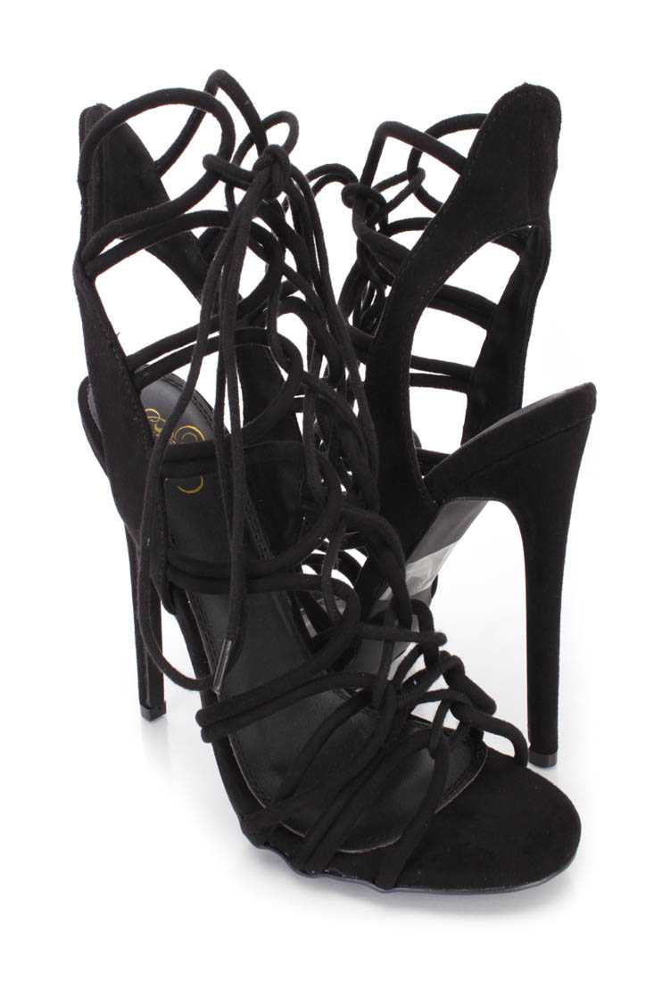 Black Strappy Wrap Around Single Sole Heels Faux Suede