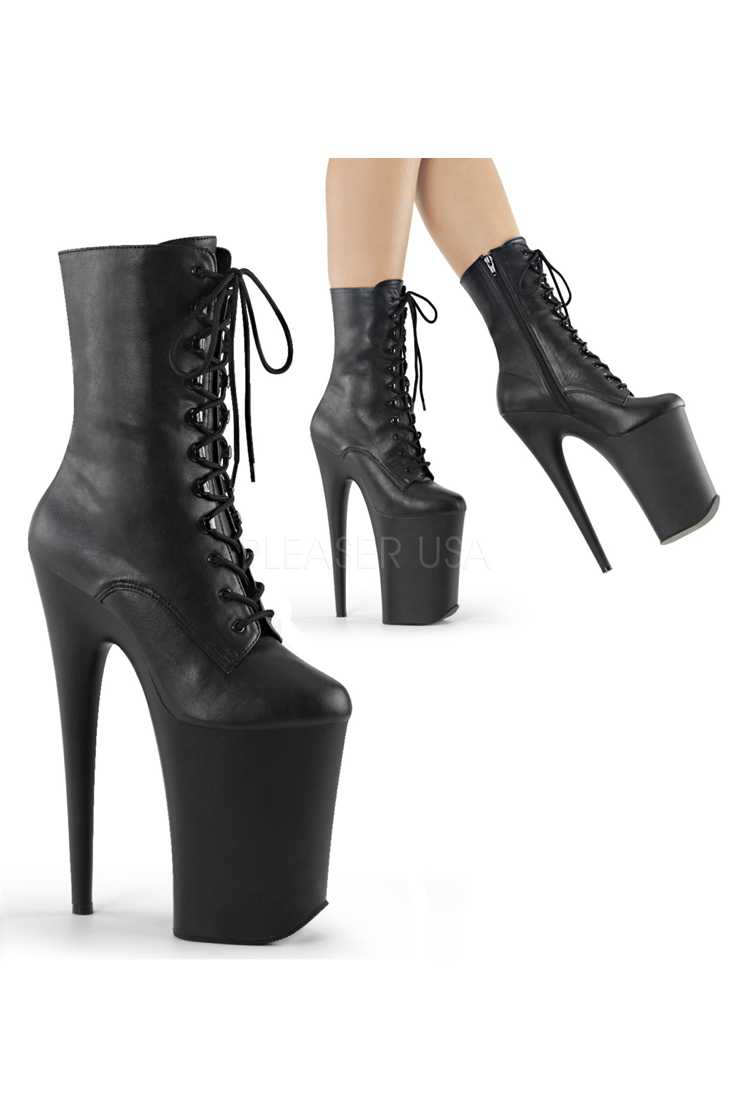 Black Lace Up Ankle Paltform High Heel Booties Faux Leather