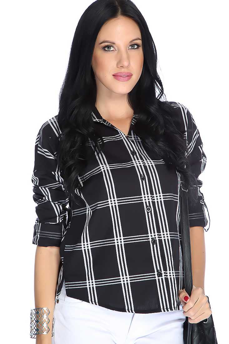 Black Plaid Button Up Gathered Sleeves Casual Top