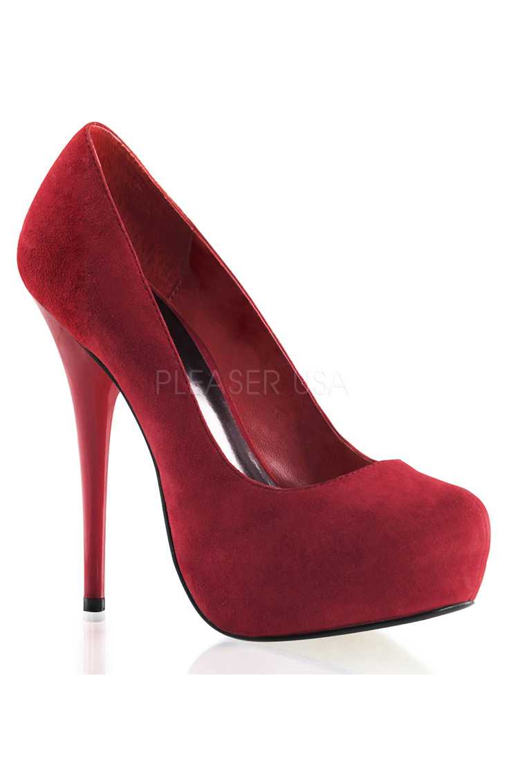 Red Round Toe Platform High Heels Pumps Faux Suede