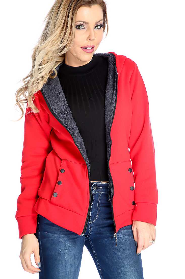 Red Front Pockets Hooded Zip Up Sweater