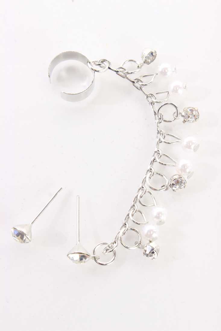 Silver Faux Rhinestone Pearl Ear Cuff Earrings