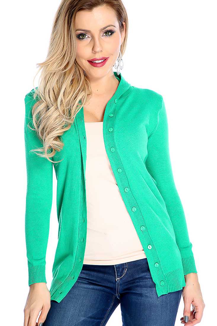 Green Button Up Long Sleeve Hooded Cardigan