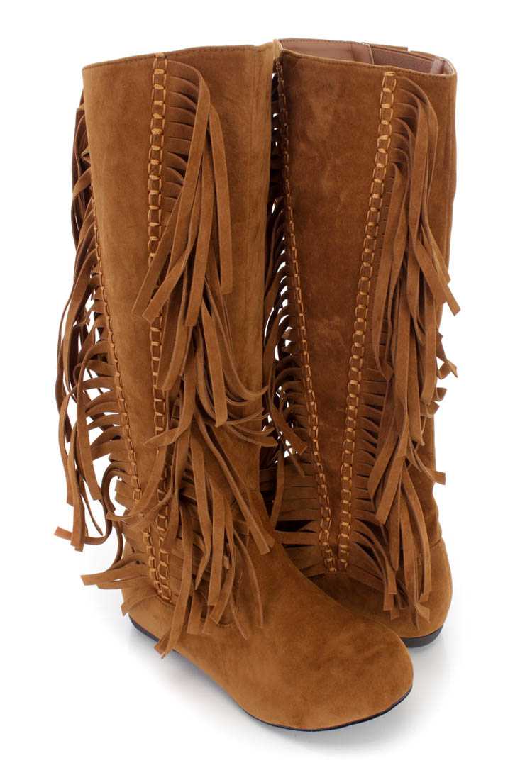 Cognac Fringe Stitched Mid Calf Boots Faux Suede